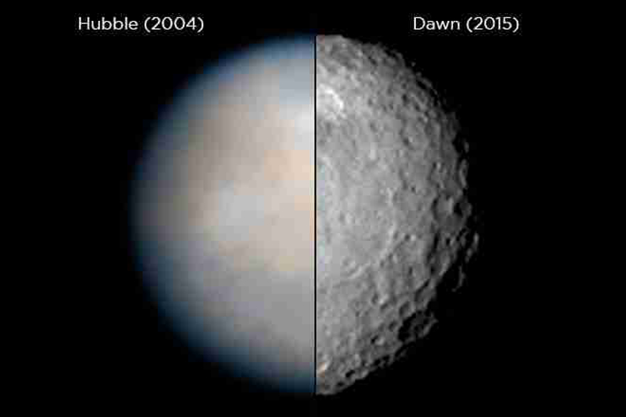 Porównanie obrazu powierzchni Ceresa uzyskanych przez teleskop kosmiczny Hubble i sondę badawczą Dawn